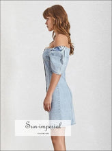 Women's blue denim square neck puff sleeve mini dress