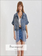 Women's denim jacket with mesh ruffle detail