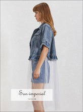 Women's denim jacket with mesh ruffle detail