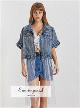 Women's denim jacket with mesh ruffle detail