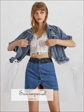 Women's denim jacket with mesh ruffle detail