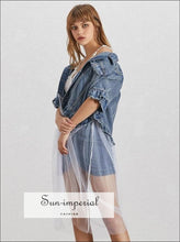 Women's denim jacket with mesh ruffle detail