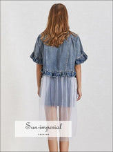 Women's denim jacket with mesh ruffle detail