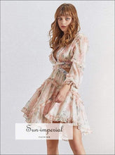 Women's floral backless V-neck lantern sleeve mini dress