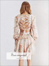 Women's floral backless V-neck lantern sleeve mini dress