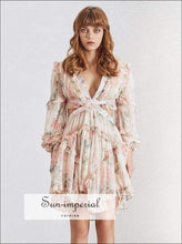 Women's floral backless V-neck lantern sleeve mini dress
