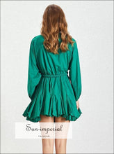 Women's green tie-dye A-line puff sleeve mini dress