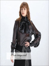 Women's mesh sheer bow collar long sleeve blouse