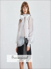 Women's mesh sheer bow collar long sleeve blouse
