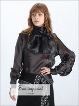 Women's mesh sheer bow collar long sleeve blouse
