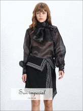 Women's mesh sheer bow collar long sleeve blouse