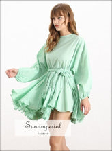 Women's mint tie-dye A-line puff sleeve mini dress