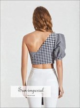 Women's one shoulder plaid puff sleeve blouse