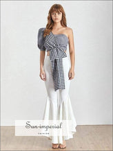 Women's one shoulder plaid puff sleeve blouse