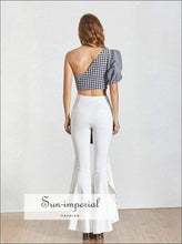 Women's one shoulder plaid puff sleeve blouse