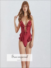 Women's red ruffle sleeveless backless bodysuit