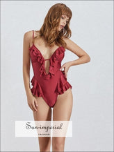 Women's red ruffle sleeveless backless bodysuit