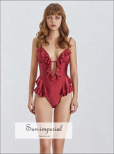 Women's red ruffle sleeveless backless bodysuit