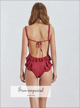 Women's red ruffle sleeveless backless bodysuit