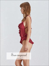Women's red ruffle sleeveless backless bodysuit