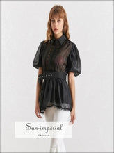 Women's sheer belted puff sleeve chiffon blouse