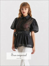 Women's sheer belted puff sleeve chiffon blouse