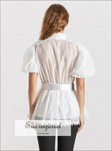 Women's sheer belted puff sleeve chiffon blouse