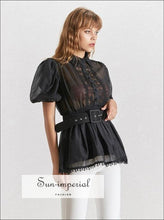 Women's sheer belted puff sleeve chiffon blouse