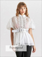Women's sheer belted puff sleeve chiffon blouse