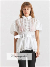 Women's sheer belted puff sleeve chiffon blouse