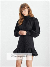 Women's stand collar lantern sleeve mini dress
