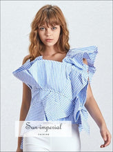 Women's striped one-shoulder ruffle blouse