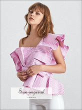 Women's striped one-shoulder ruffle blouse