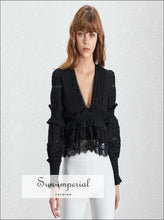 Women's V-neck embroidered ruffle blouse