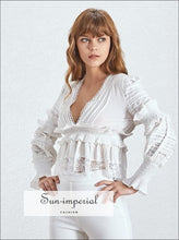 Women's V-neck embroidered ruffle blouse