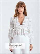 Women's V-neck embroidered ruffle blouse