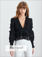 Women's V-neck embroidered ruffle blouse