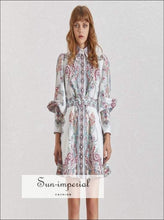 Women's vintage print lapel lantern sleeve mini dress