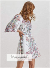 Women's vintage print lapel lantern sleeve mini dress