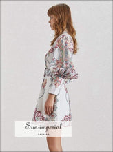 Women's vintage print lapel lantern sleeve mini dress