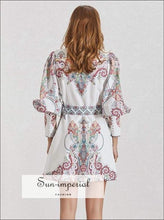 Women's vintage print lapel lantern sleeve mini dress