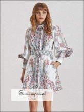 Women's vintage print lapel lantern sleeve mini dress