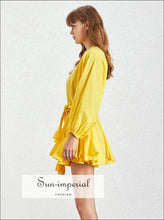 Women's yellow A-line tie-dye puff sleeve dress