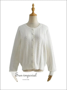 Sun-imperial White Vintage Frill Neck Cable Knit Cardigan casual style, style women blouse, elegant harajuku Preppy Style Clothes 