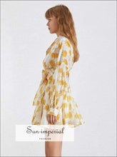 Sunshine Dress- Vintage Print Dress for Women V Neck Lantern Sleeve High Waist Mini Dresses Sleeve, Dresses, Dress, Neck, vintage 