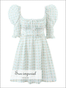 Embroidery Short Puff Sleeve Mini Dress With Square Collar And Double Center Bow Detail Sun-Imperial United States