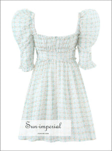 Embroidery Short Puff Sleeve Mini Dress With Square Collar And Double Center Bow Detail Sun-Imperial United States