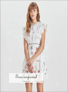 Talia Dress- Floral Print White Lace Ruffles Vintage Mini Dress O Neck High Waist A-line Waist, Patchwork, Neck, Summer Sweet Print, vintage