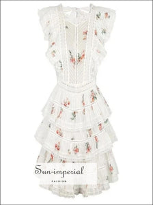 Talia Dress- Floral Print White Lace Ruffles Vintage Mini Dress O Neck High Waist A-line Waist, Patchwork, Neck, Summer Sweet Print, vintage