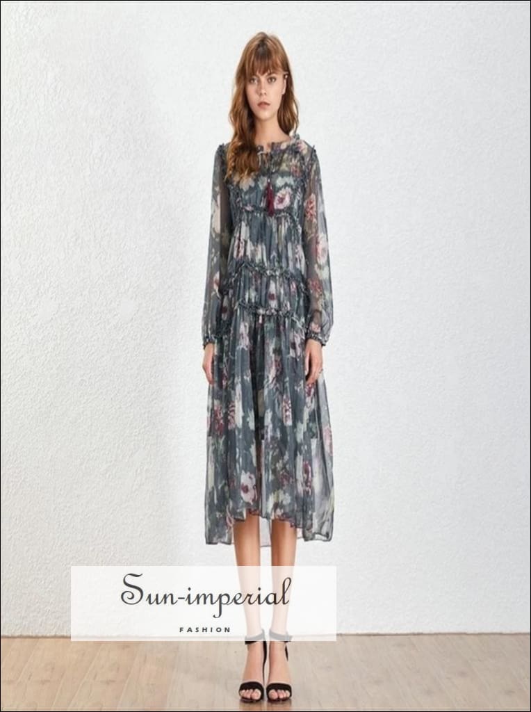 Taypey Dress - Vintage Print Long High Waist V Neck Sleeve Ruffle Asymmetrical Women’s Waist, Sleeve, Dress, vintage, Dresses SUN-IMPERIAL 
